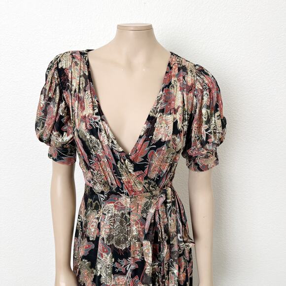 [Hemant & Nandita] Sion Maxi Wrap Dress Metallic Gold Puff Sleeves V-Neck Sz XS - Picture 5 of 14